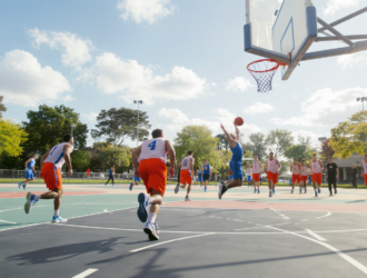 Joueurs de basketball expliquant les règles du jeu sur un terrain