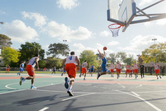 Joueurs de basketball expliquant les règles du jeu sur un terrain