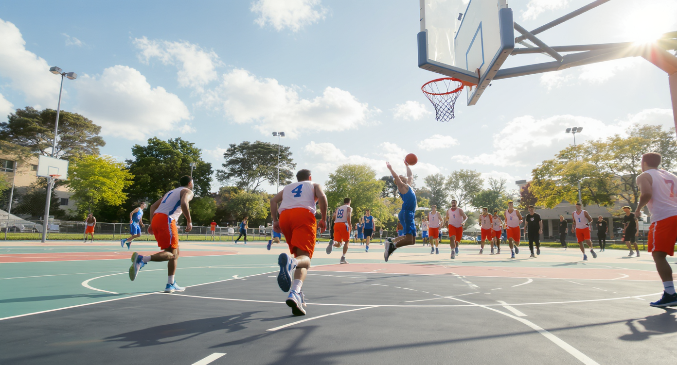 Joueurs de basketball expliquant les règles du jeu sur un terrain
