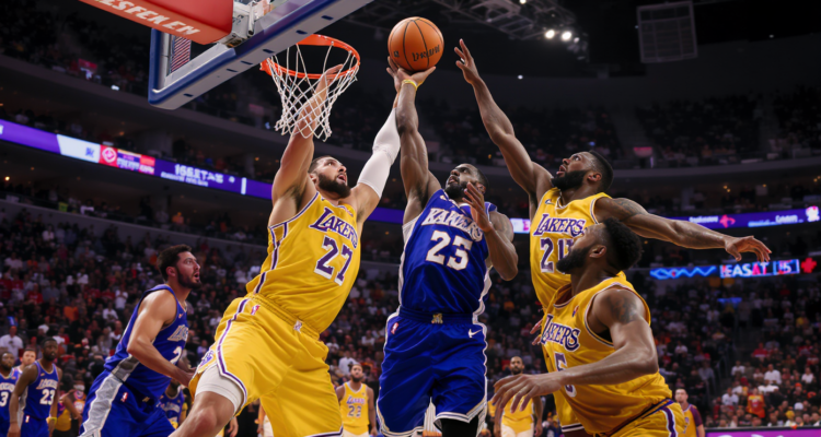 Joueurs de la NBA en action sur le terrain lors d'un match