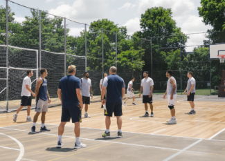 Règles du basketball illustrées avec entraîneurs et joueurs sur le terrain