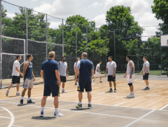 Règles du basketball illustrées avec entraîneurs et joueurs sur le terrain
