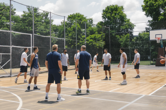 Règles du basketball illustrées avec entraîneurs et joueurs sur le terrain