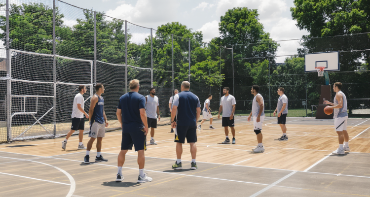 Règles du basketball illustrées avec entraîneurs et joueurs sur le terrain