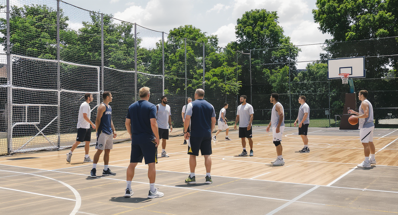 Règles du basketball illustrées avec entraîneurs et joueurs sur le terrain